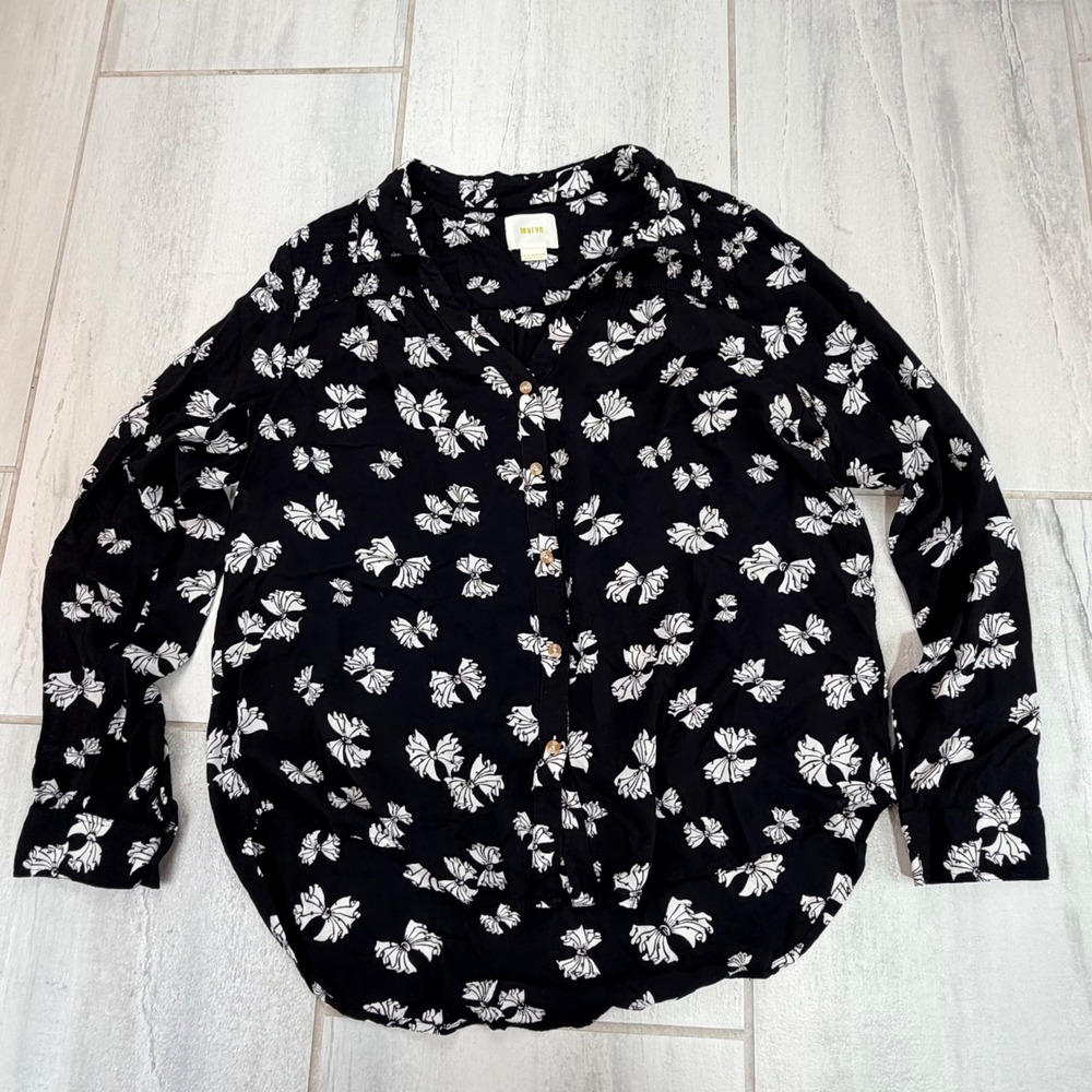 Maeve Anthropologie Black White Bow Print Smocked Button Down Blouse Size 14